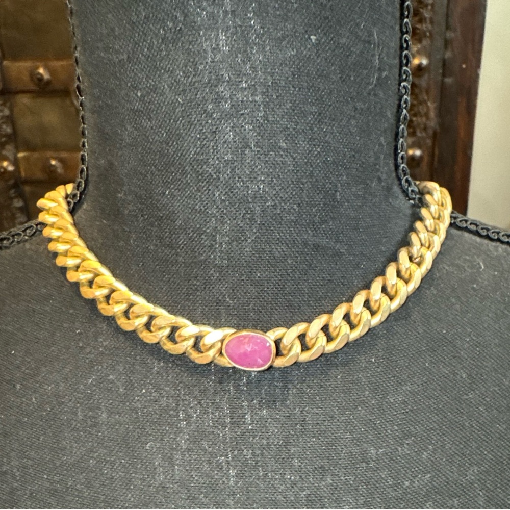 Luxurious Gold Choker Vermeil Necklace with Red Sapphire Center Stone  NWOT